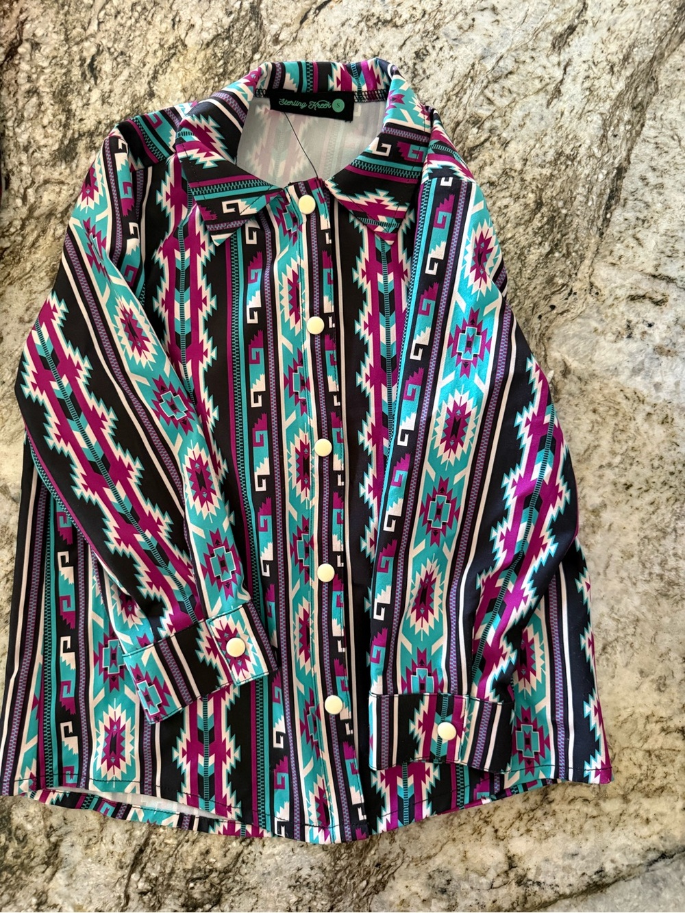 Vintage-Inspired Aztec Button-Down Shirt Jacket - Teal & Purple